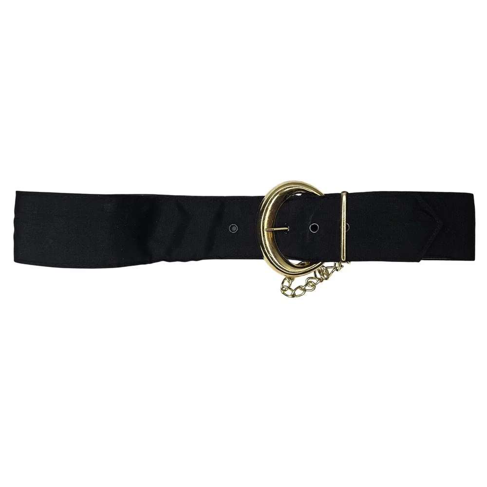 Vtg Black Cloth Wide Cinch Belt Gold Crescent Buckle Chain Detail Retro 30
